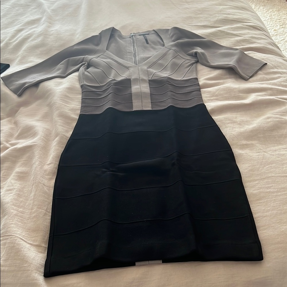 Gray and Silver Bodycon Dress with Square Neck 3/4 Sleeves